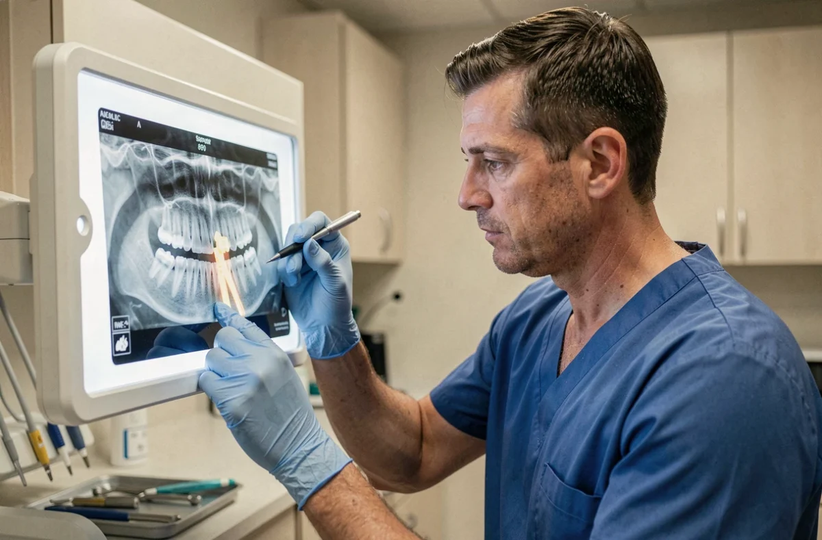 Dentiste examinant une radiographie dentaire montrant une dent dévitalisée avec mobilité anormale
