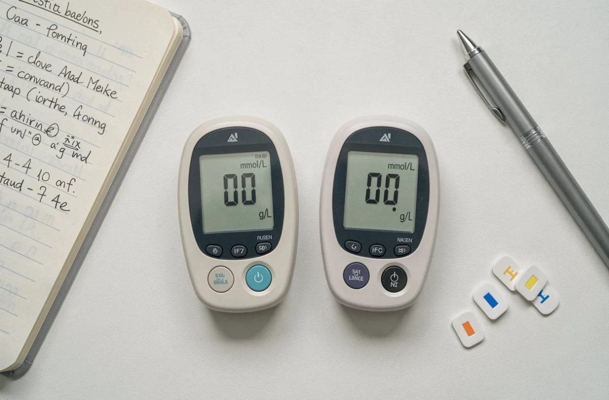 Deux glucomètres affichant mmol/L et g/L côte à côte avec des notes de conversion manuscrites
