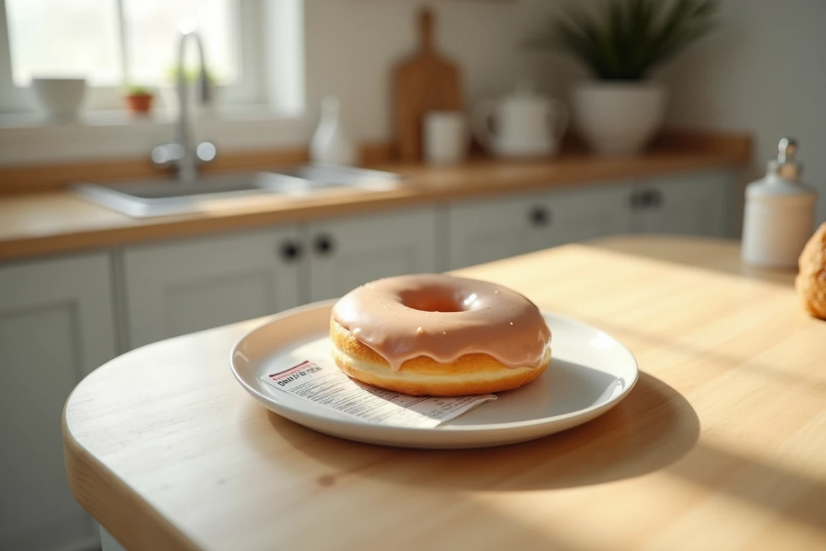 Donut glacé Krispy Kreme posé sur une assiette blanche avec une étiquette nutritionnelle visible sur une table en bois clair