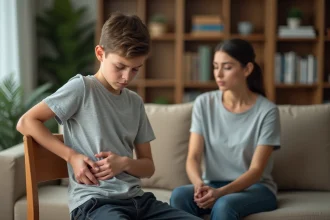 Adolescent tenant son aisselle gauche douloureuse assis avec sa mère dans un salon familial