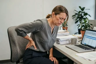 Femme souffrant de douleurs lombaires au bureau à cause du stress et de la sédentarité