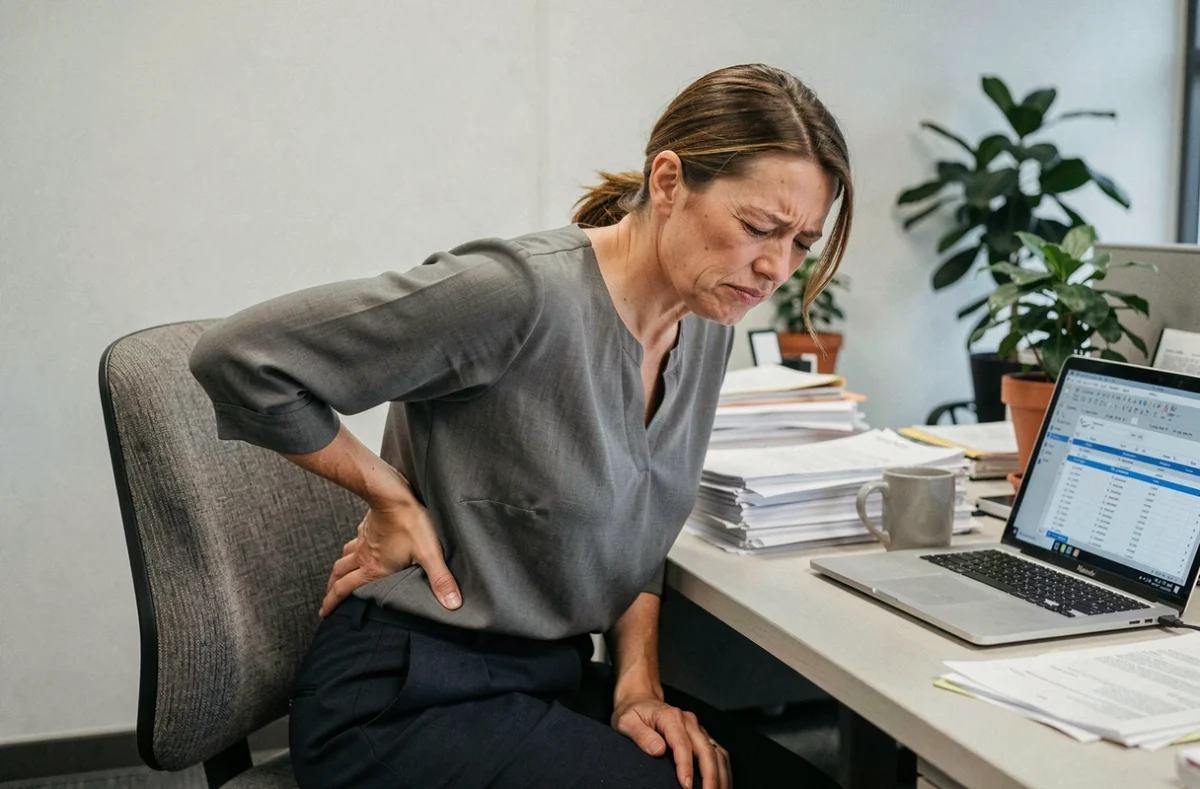 Femme souffrant de douleurs lombaires au bureau à cause du stress et de la sédentarité