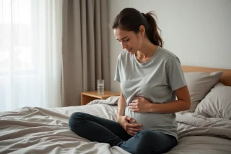 Femme tenant son côté droit du ventre assise sur un lit, exprimant une douleur abdominale basse droite