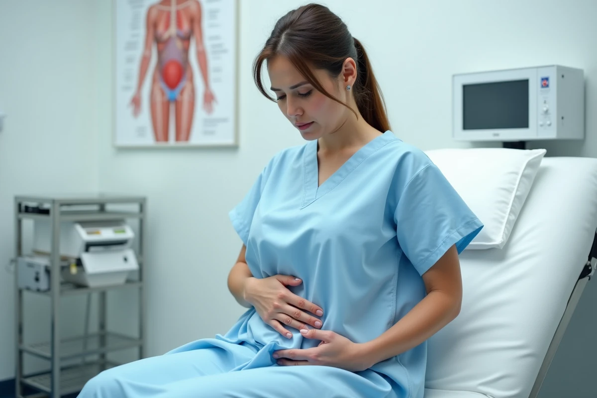 Femme assise sur une table d'examen médical tenant son abdomen, illustrant des douleurs à l'estomac persistantes en consultation