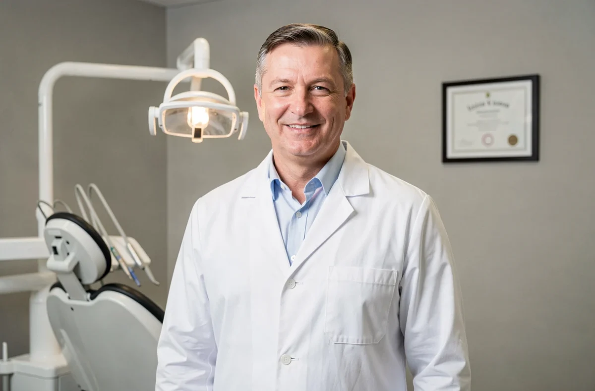 Portrait professionnel du Dr. Costi Bogdan Dumitru, dentiste en blouse blanche dans son cabinet dentaire moderne