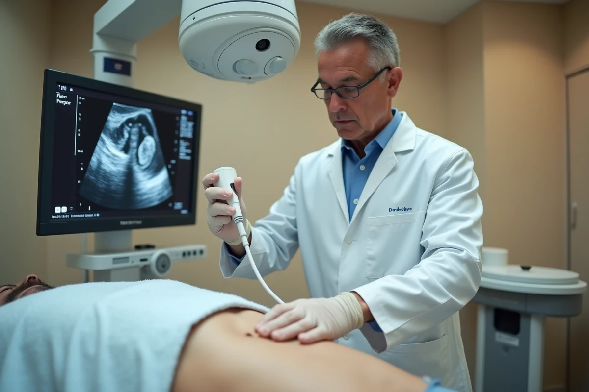 Radiologue effectuant une échographie abdominale sur un patient pour diagnostiquer des douleurs à l'estomac