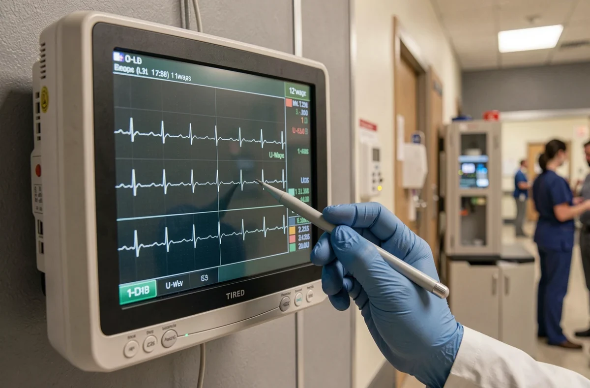Écran de moniteur cardiaque affichant un tracé ECG avec signes caractéristiques d'hypokaliémie en milieu hospitalier