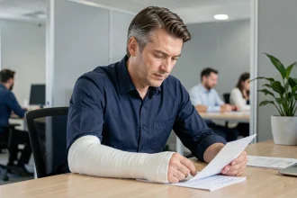 Employé de bureau avec un bras cassé en écharpe consultant des documents relatifs à son accident de travail
