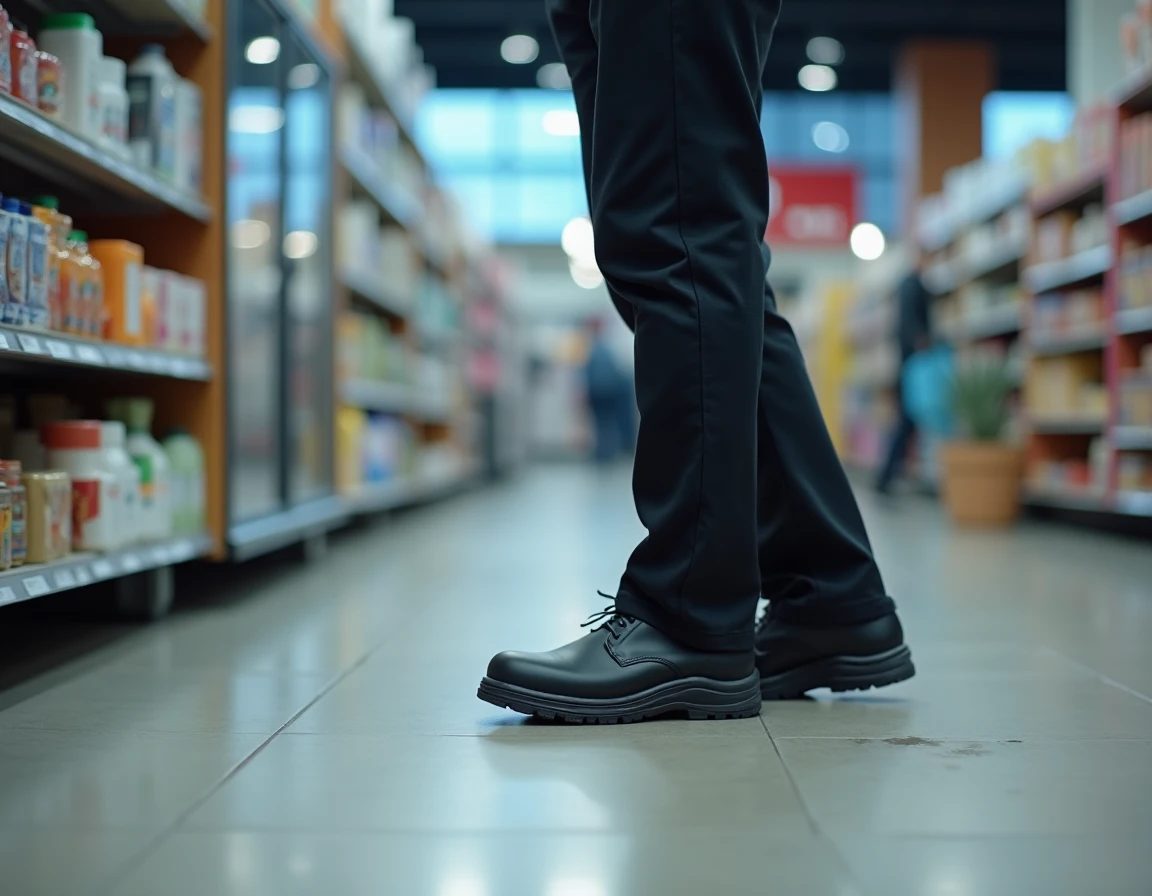 Employé de commerce debout toute la journée avec des semelles de confort dans ses chaussures de travail