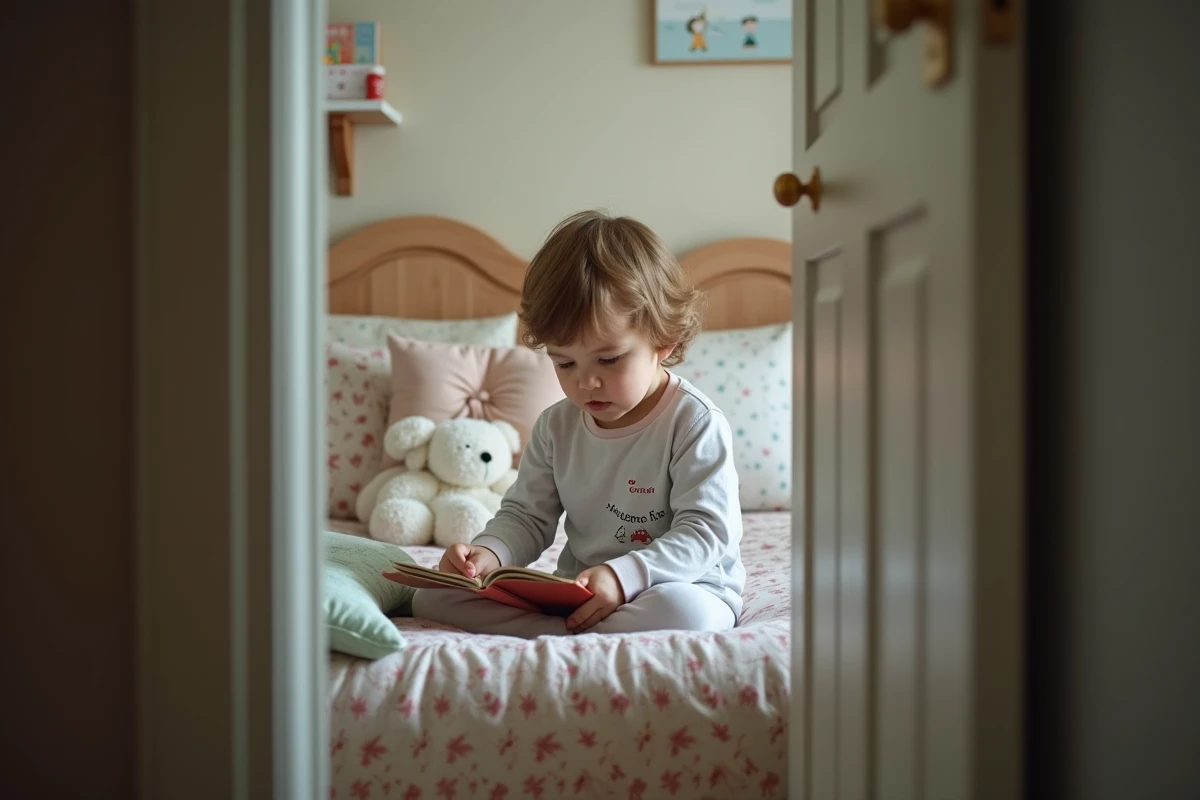 Enfant de cinq ans lisant dans sa chambre au lit