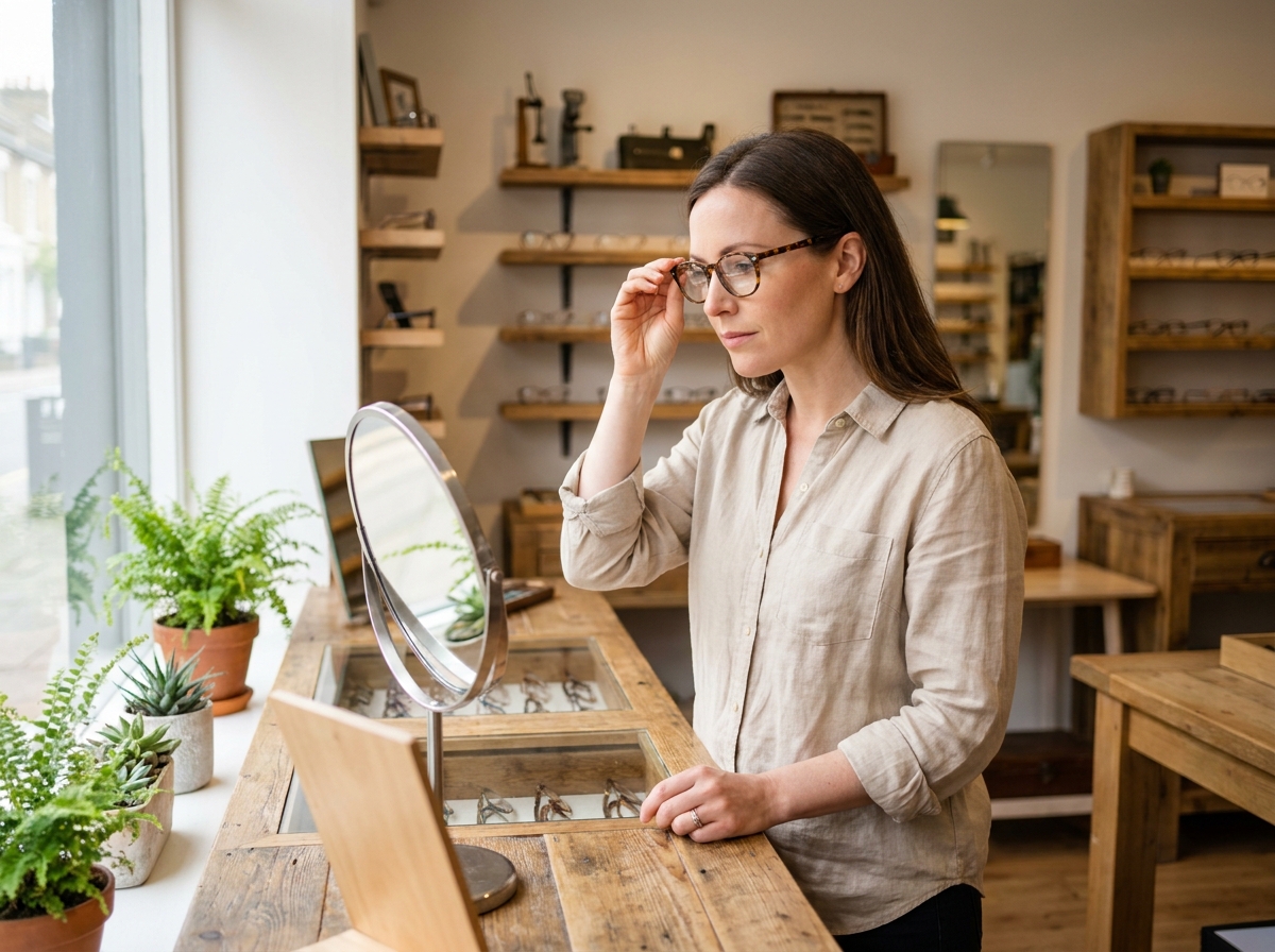Jeune femme essayant des montures de lunettes dans une boutique d'opticien indépendant au cadre artisanal