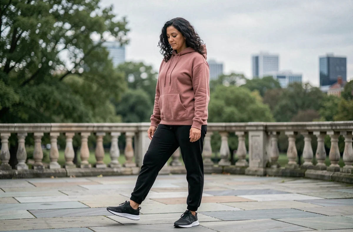 Femme en étirement debout en extérieur pour soulager la sciatique, alignement du bassin et posture thérapeutique adoptés