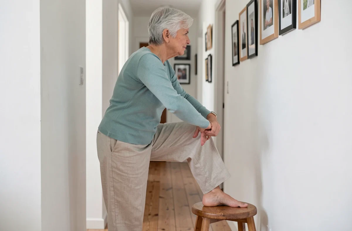 Femme mature effectuant un étirement debout des fessiers dans un couloir à domicile pour calmer la douleur aux fesses