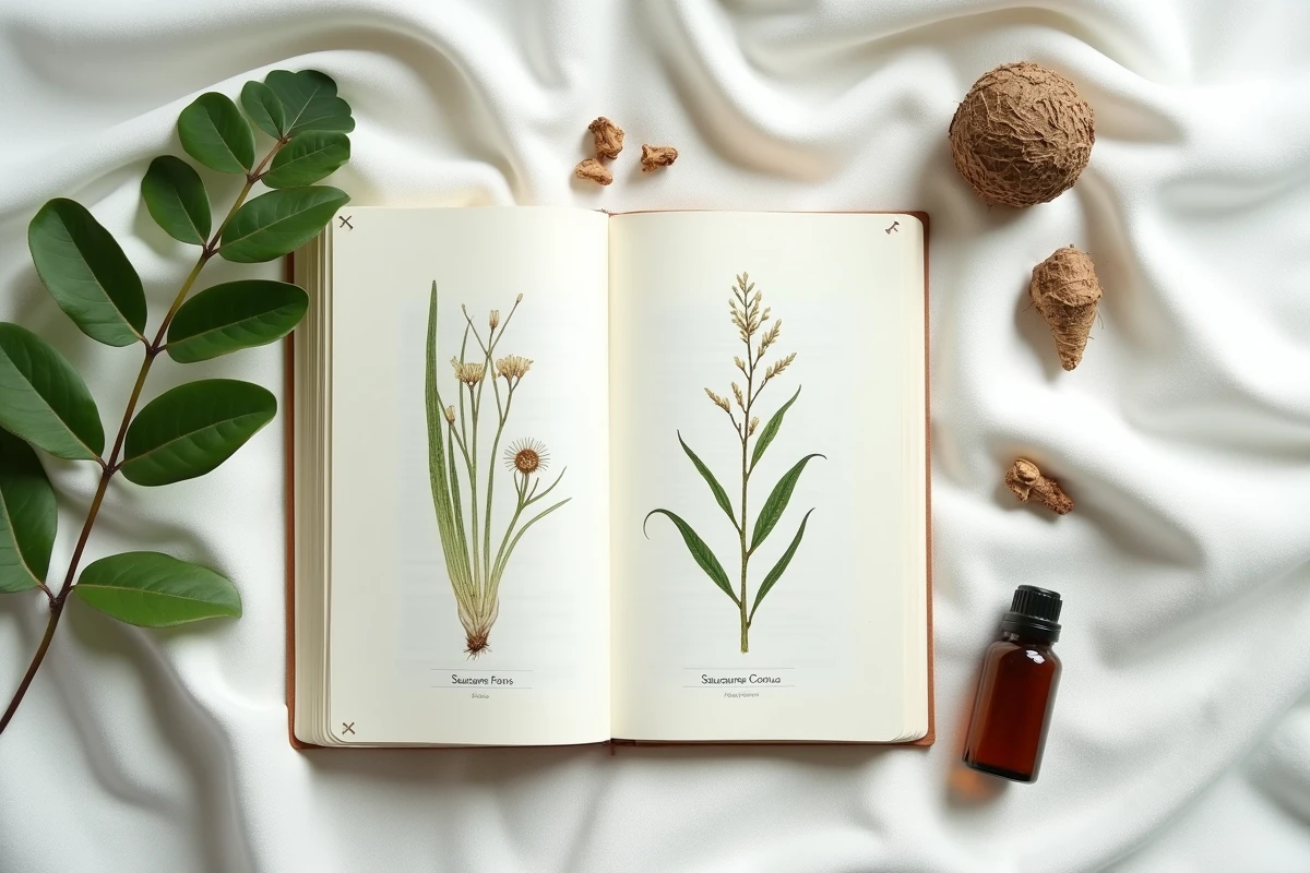 Mise en scène éditoriale d'études scientifiques sur le costus indien avec racines séchées et extrait herbal