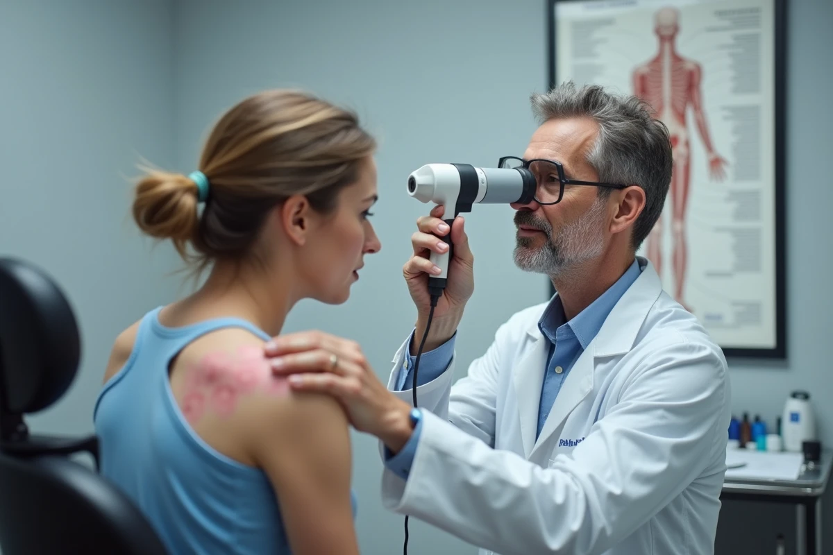 Dermatologue utilisant un dermatoscope pour examiner une irritation cutanée dans le dos d'un patient