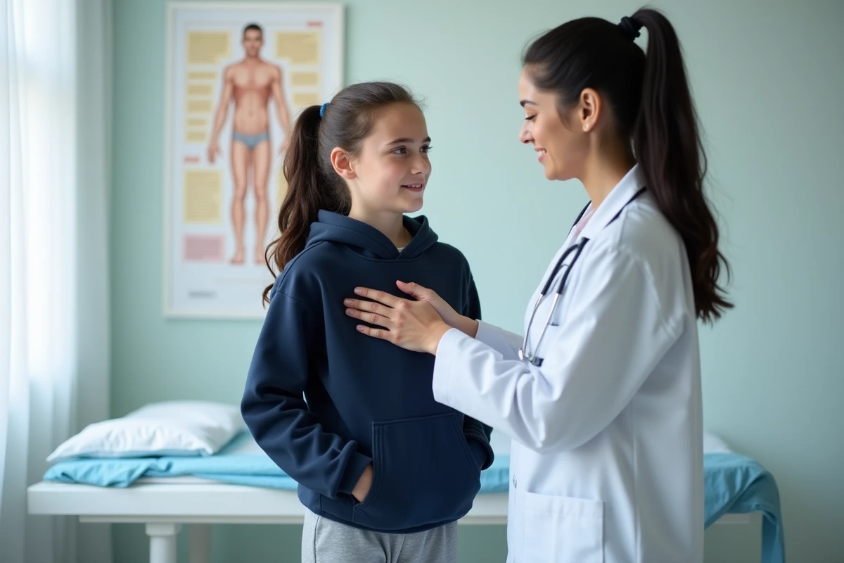 Médecin pédiatre examinant l'aisselle gauche d'une adolescente en consultation médicale
