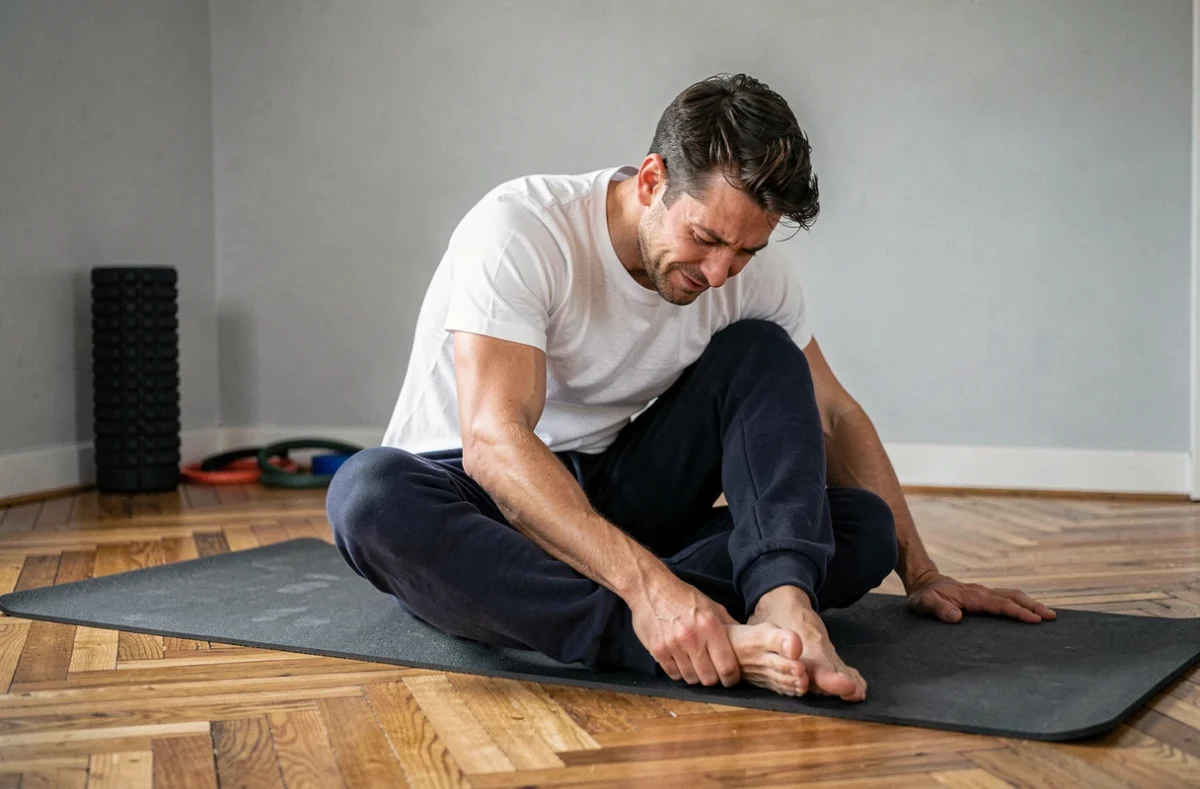 Homme réalisant un étirement assis en chiffre 4 sur un tapis pour soulager la douleur aux fesses à domicile