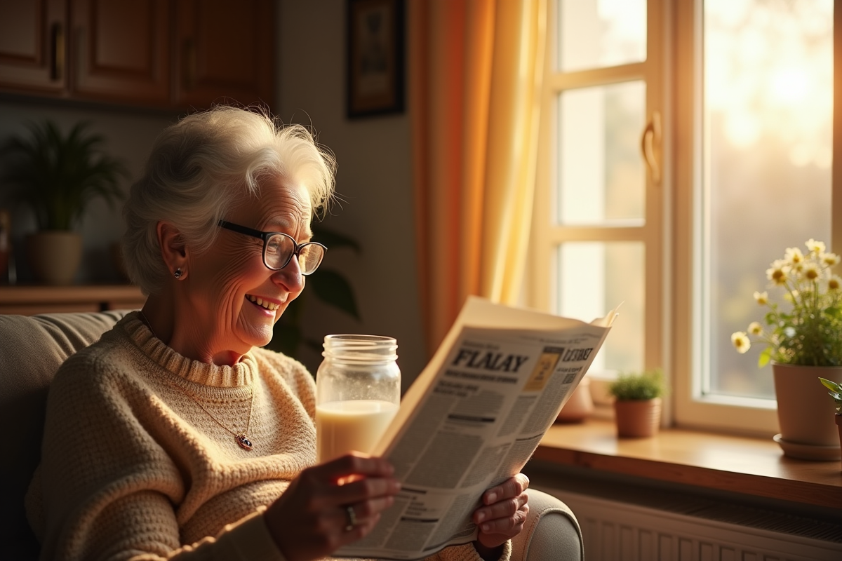 Femme agee souriante lisant un journal près d'une fenêtre ensoleillée