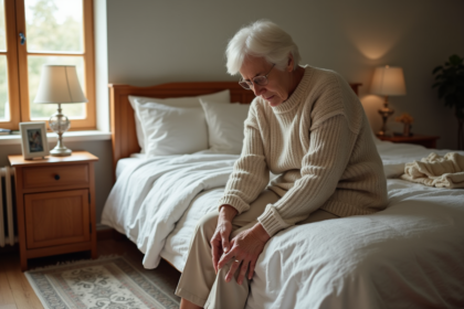 Femme âgée se massant les jambes dans une chambre chaleureuse