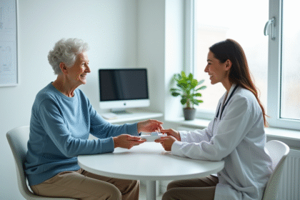 Femme âgée recevant une ordonnance d'une médecin dans une clinique