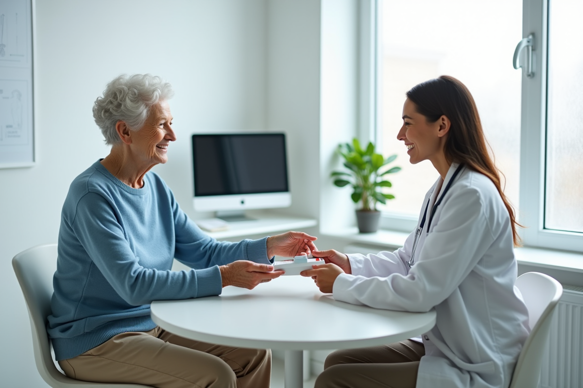 Femme âgée recevant une ordonnance d'une médecin dans une clinique