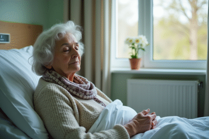 Femme agee paisible dans un lit d'hopital avec fleurs