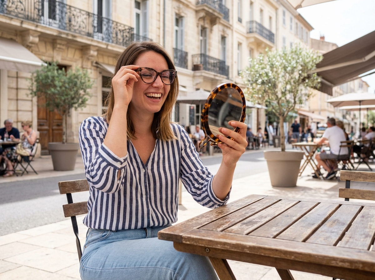 Jeune femme essayant des lunettes dans un café ensoleille