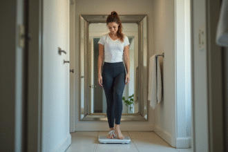 Femme confiante sur la balance dans la salle de bain