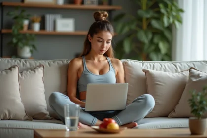 Femme assise sur un canapé en train de consulter des conseils santé