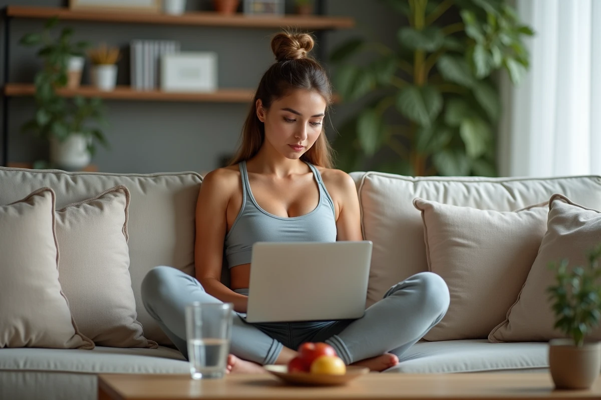 Femme assise sur un canapé en train de consulter des conseils santé