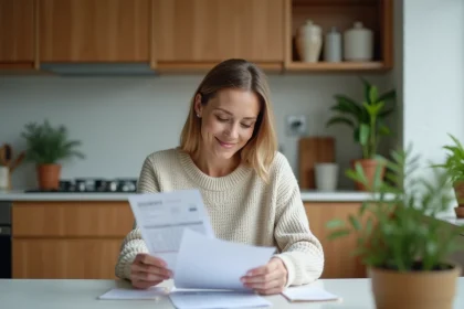 Femme vérifiant ses factures dans une cuisine moderne