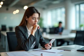 Jeune femme au bureau nerveuse regardant son téléphone
