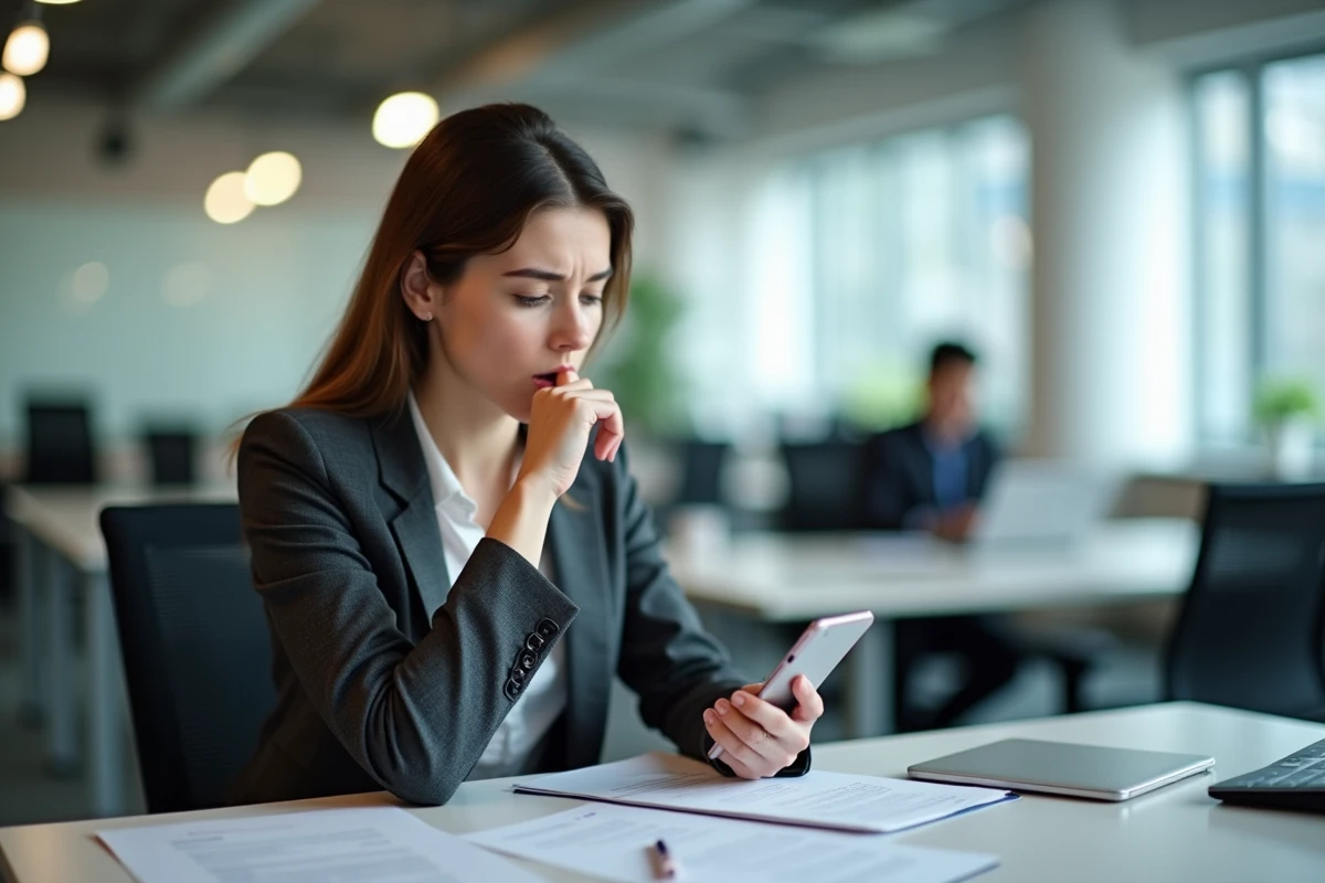 Jeune femme au bureau nerveuse regardant son téléphone
