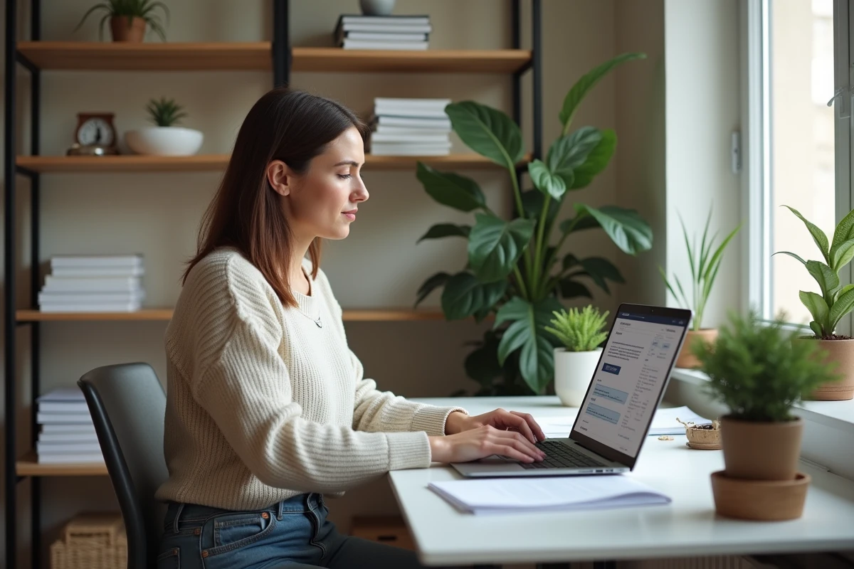Femme concentrée sur son ordinateur dans un bureau à domicile