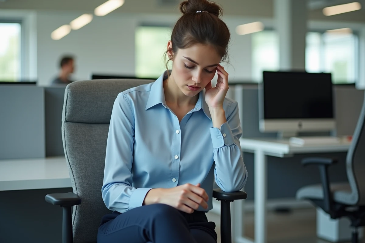 Jeune femme au bureau avec posture pensive et expression concentrée