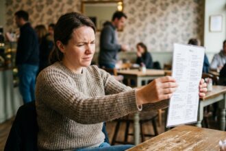 Femme lisant un menu dans un café cosy