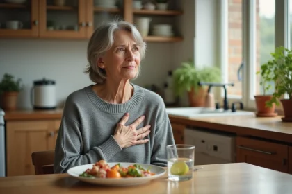 Femme d'âge mûr assise calmement à table après un repas, main sur la poitrine, illustrant la gestion des extrasystoles liées à l'estomac au quotidien