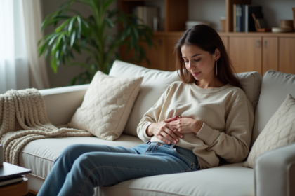 Femme enceinte assise dans un salon cosy et lumineux