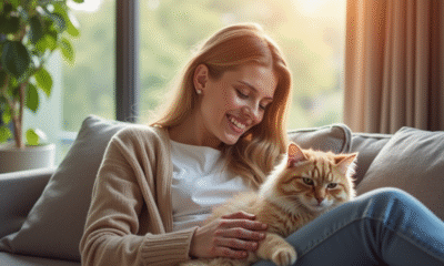 Femme souriante caressant un chat hypoallergenique sur ses genoux