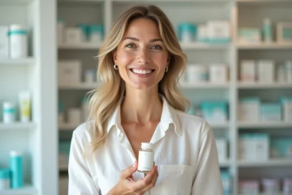 Femme tenant une boîte de complément alimentaire Alviona dans une pharmacie moderne