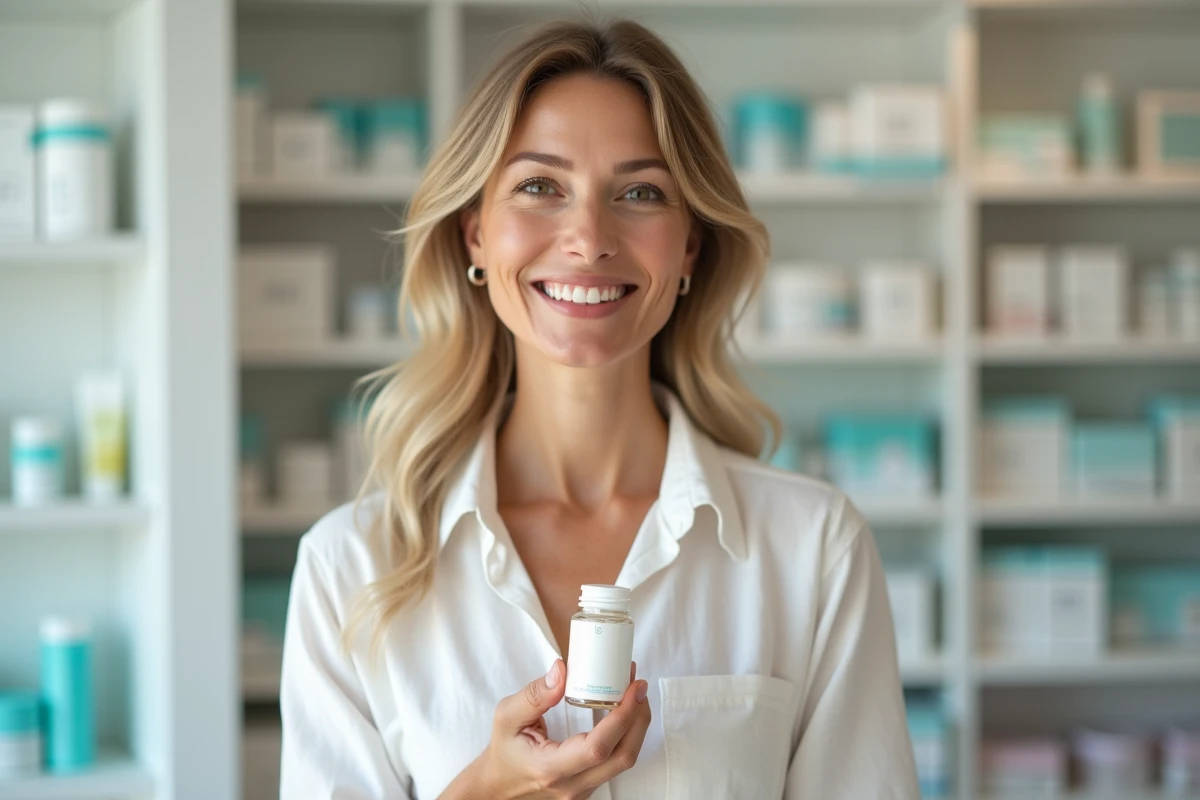 Femme tenant une boîte de complément alimentaire Alviona dans une pharmacie moderne
