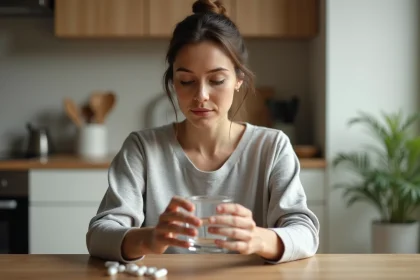 Femme examinant un complément alimentaire au magnésium pour réguler le cortisol, assise dans une cuisine minimaliste