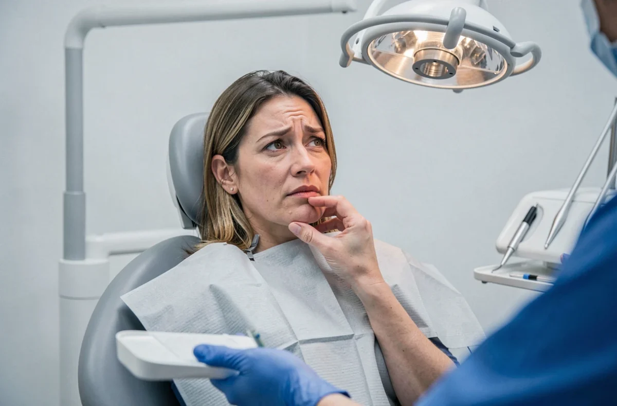Femme inquiète dans un cabinet dentaire touchant sa joue lors d'une consultation pour une dent dévitalisée qui bouge