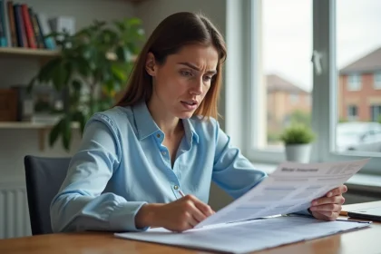 Femme consultant attentivement son contrat d'assurance Groupama à son bureau, illustrant les erreurs fréquentes des assurés