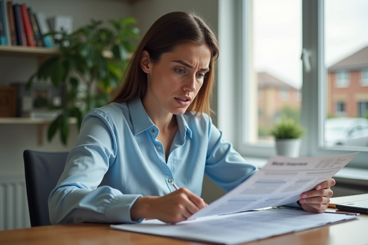 Femme consultant attentivement son contrat d'assurance Groupama à son bureau, illustrant les erreurs fréquentes des assurés
