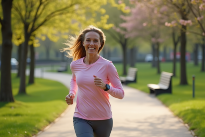 Femme sportive courant dans un parc urbain au printemps