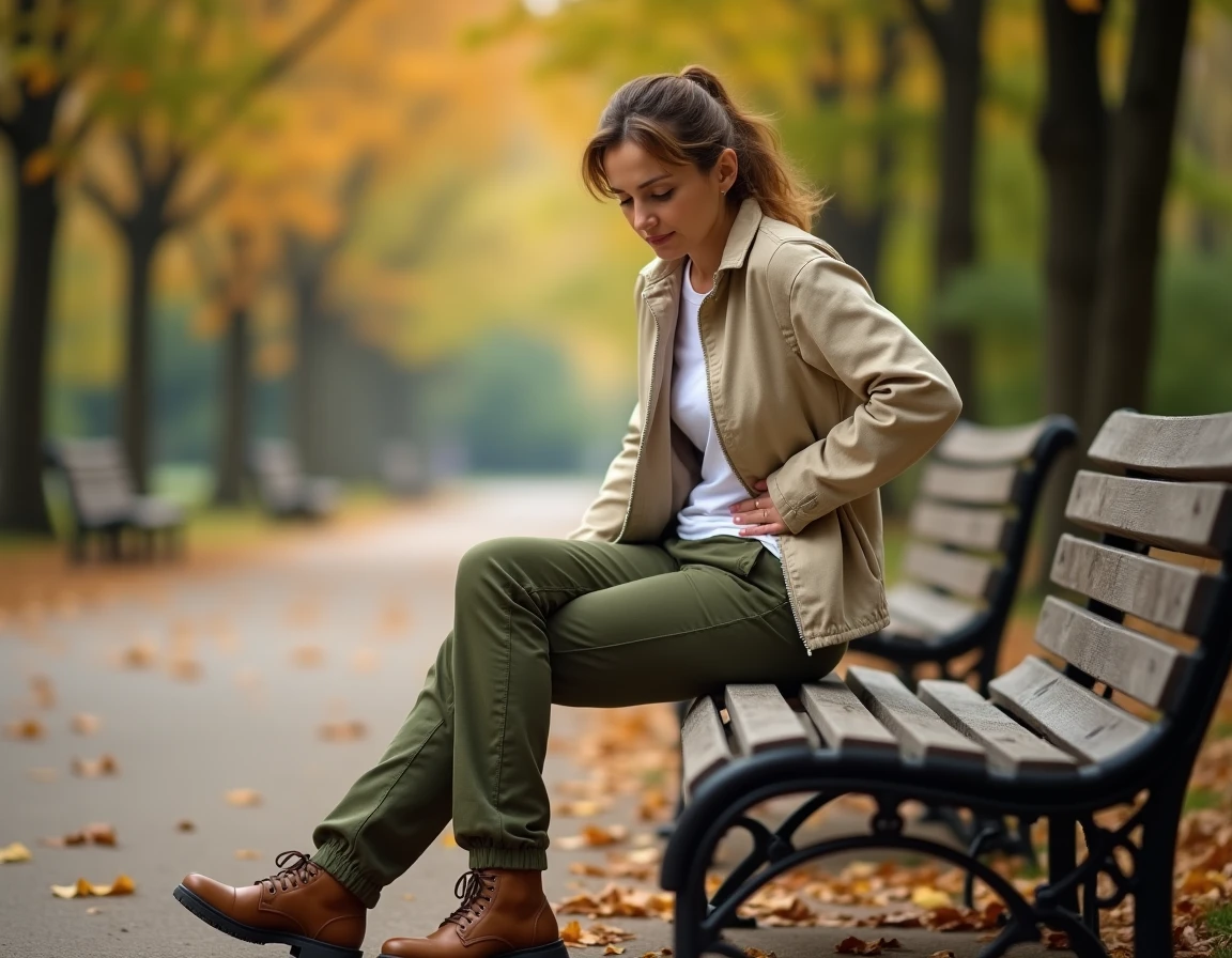 Femme de 48 ans assise sur un banc de parc en pause de marche en raison d'une douleur à la hanche liée à une cruralgie