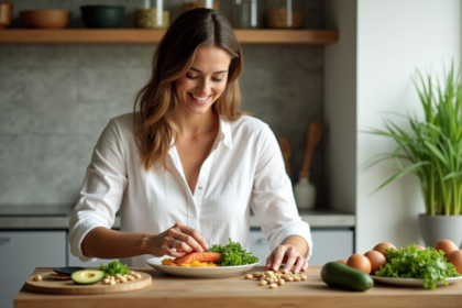 Femme arrangeant des aliments keto dans une cuisine lumineuse