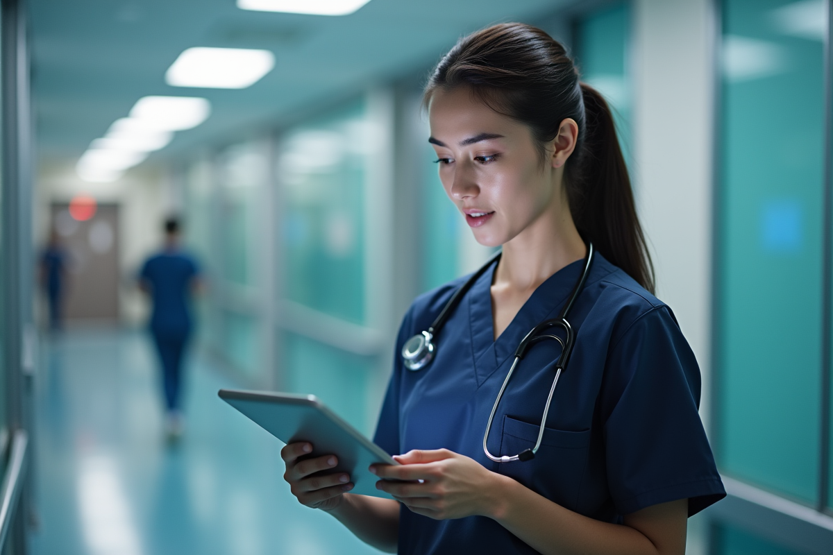 Jeune femme médecin examinant un dossier sur tablette