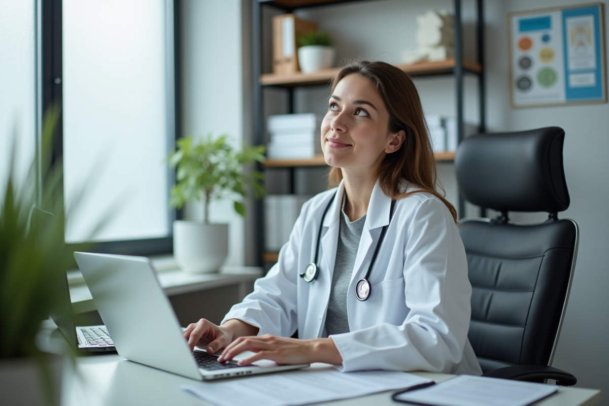 Femme medecin travaillant sur son ordinateur dans un bureau